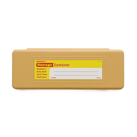 a beige  pen case made of plastic with write-in sticker label that reads penco storage container