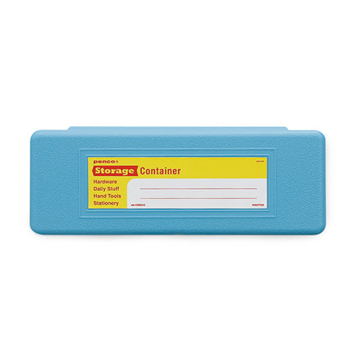 a light blue pen case made of plastic with write-in sticker label that reads penco storage container
