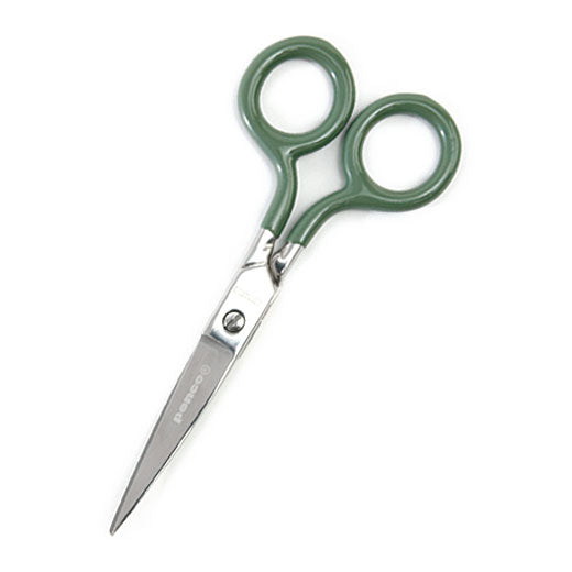 A small stainless steel scissors with muted green handles.