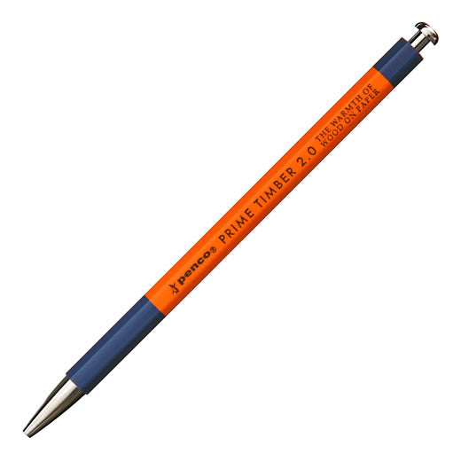 A wooden refillable 2mm mechanical pencil with silver-colored brass fittings by Penco. Orange and navy color combination with navy print which reads, "penco PRIME TIMBER 2.0 THE WARMTH OF WOOD ON PAPER."