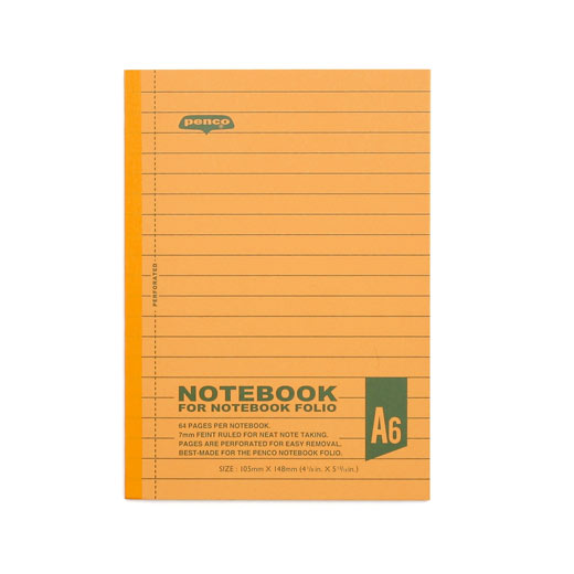 small A6 size deep yellow ruled notebook with detachable pages, with retro feel green typography on the cover showing horizontal rules and dotted lines along the vertical spine that indicates the tear off line 